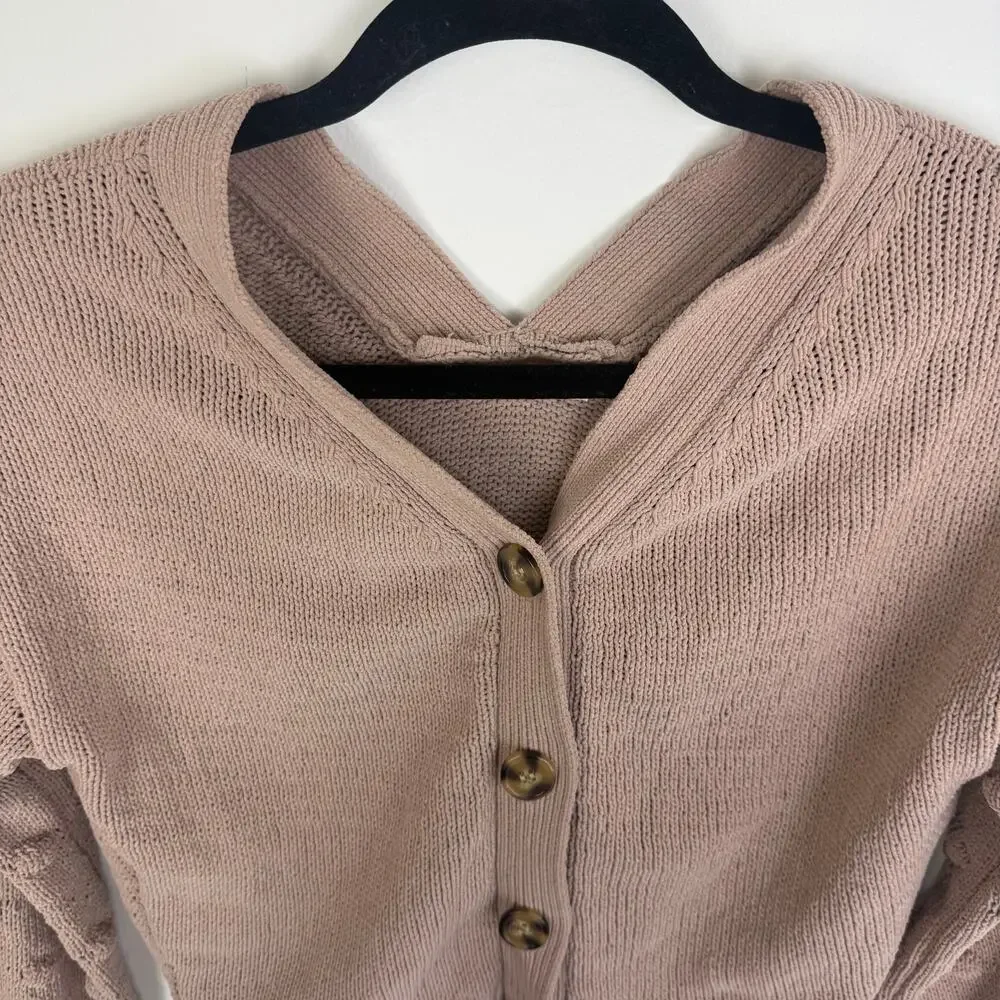 Moon & Madison Womens Long Sleeve Ball Cropped Knit Beige Button-Up Sweater XS